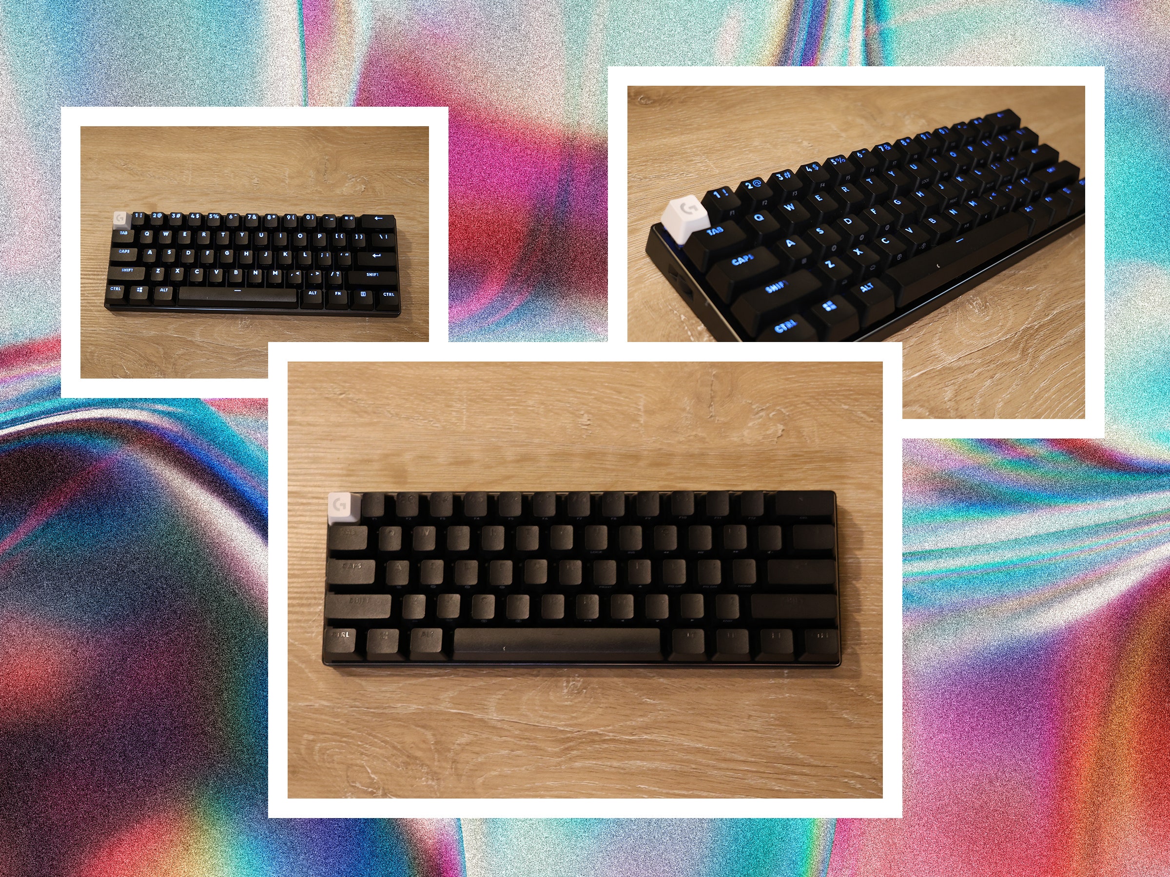 Different views of black computer keyboard with illuminated keys and a single all white key in the topleft sitting on a...