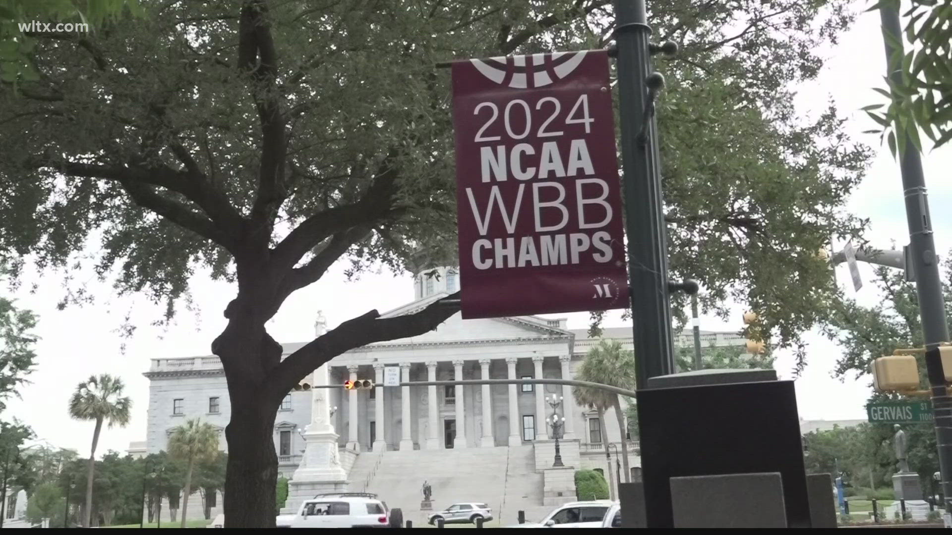Jamie Jennings, 46, was arrested for stealing the USC NCAA women's basketball championship banners on Main street.
