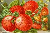 An illustration of part of a Shuckless Strawberry plant with leaves. There are various sizes of the bright red strawberries, some are still attached to the green stems, two large strawberries have the hull of the strawberry stem to the side and decorative scrolls in the top corners.