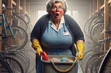 A heavyset janitor in a blue and grey uniform and yellow rubber gloves, stands in a bicycle shed holding a bucket with cleaning supplies. The janitor has a shocked expression