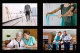 Four images of people in physical rehab. A man walks between parallel bars. A woman exercises with theraband, therapists asist a woman writing and a man walking.