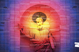 Heavily stylised photo of a statue of a christian saint with yellow to blue radial gradient emanating from the statue’s head