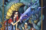 Cover of ‘Dealing With Dragons’ by Patricia C. Wrede featuring Cimorene (left) and Kazul (right)