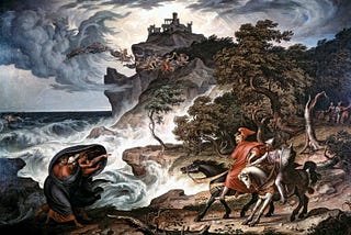 A dramatic scene with Macbeth encountering the three witches amidst a dark, ominous landscape.