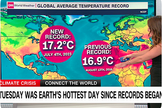 Screen cap of a weather person on the TV news in front of a map with the map’s caption pointing out that Tuesday was earth’s hottest day since reocrds began.
