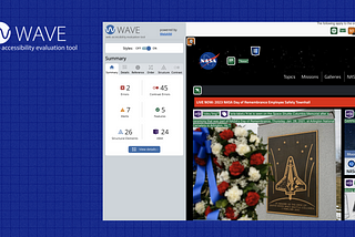 A screenshot of the WAVE accessibility evaluation tool Chrome Extension in use, evaluating the homepage of the NASA website.