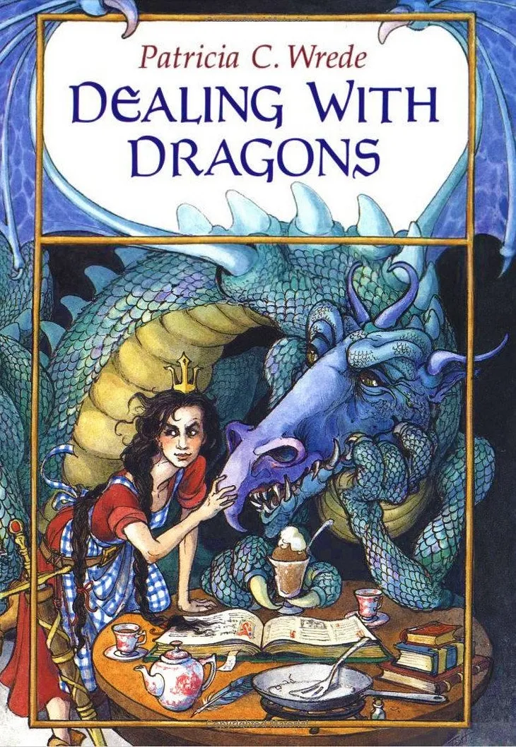Cover of ‘Dealing With Dragons’ by Patricia C. Wrede featuring Cimorene (left) and Kazul (right)