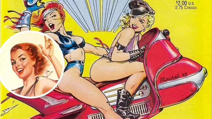 Partial image of Planet Comics #1 cover showing two, beautiful, scantily-clad “bad girls” riding a red rocket scooter.