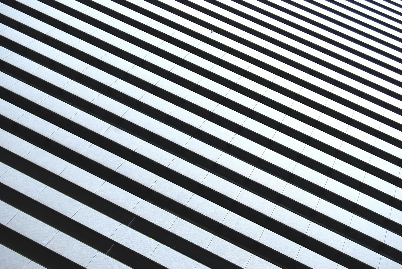 A diagonal photo of tiling in the pattern of black and white zebra stripes.