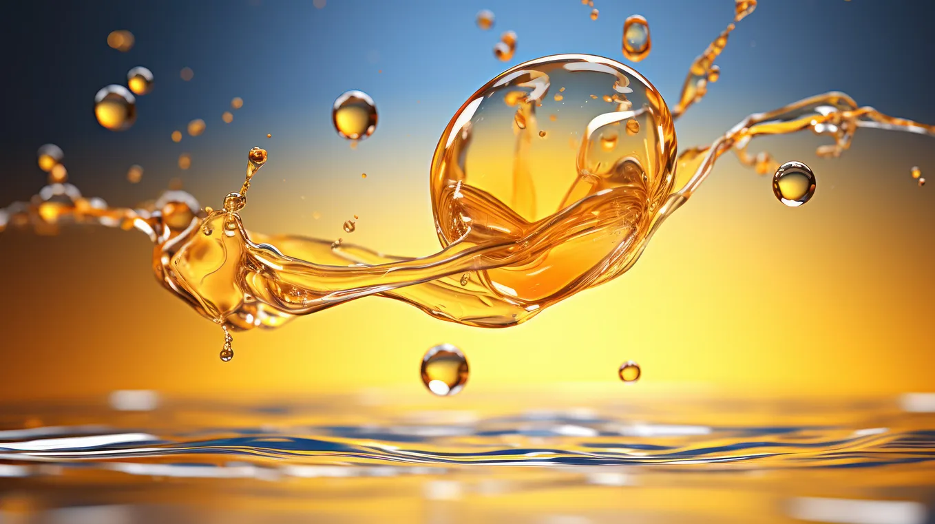 A close-up photograph of a drop of fish oil, bouncing off liquid.