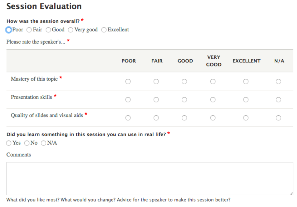 Session evaluation page of yardstick LMS with a set of questions on the left and different options on the right and a blank box at the bottom