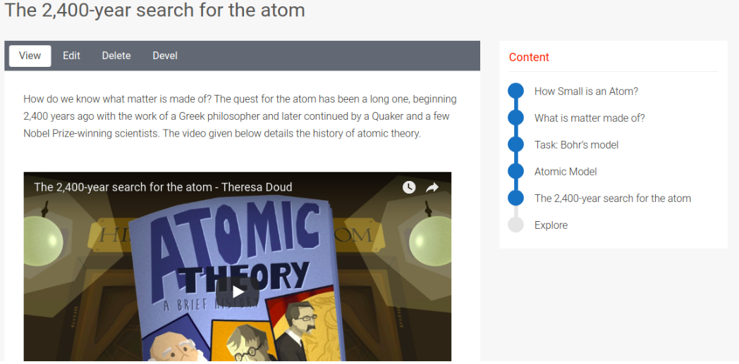 Yardstick LMS real-life application component page with an image showing animated human figures and atomic theory written above them