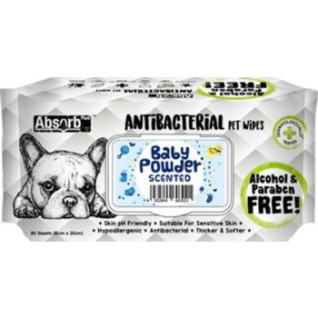  Absolute Pet Absorb Plus Antibacterial Pet Wipes Baby Powder 80 Sheets 15cmx20cm 
