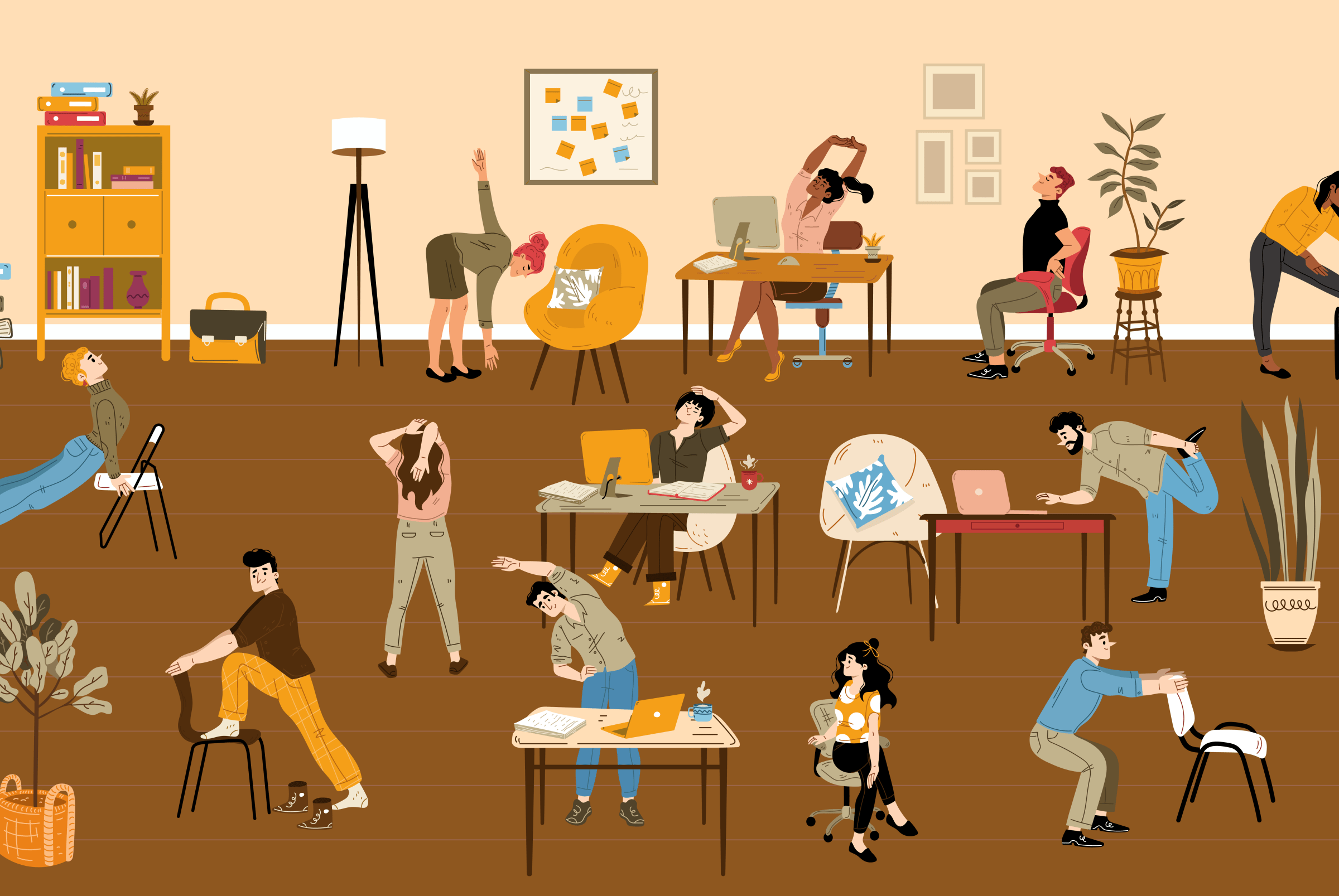 An illustration of an office with workers stretching by their desks and on chairs.