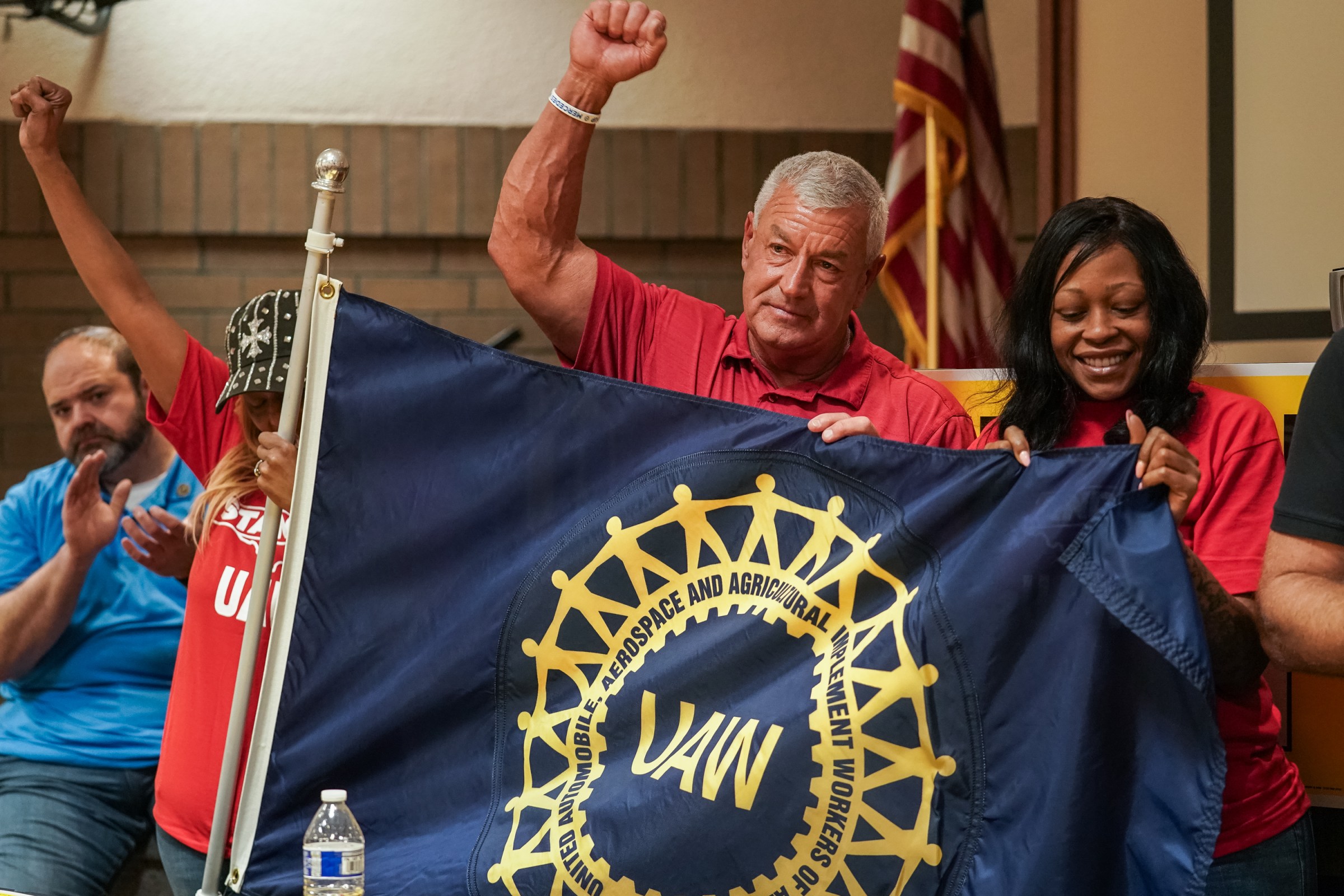 Volkswagen workers and labor organizers at a United Auto Workers vote watch party on April 19, 2024, in Chattanooga, Tennessee.
