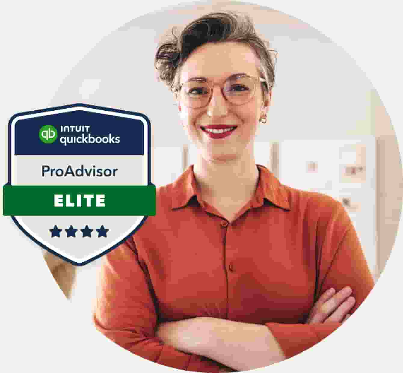 Female ProAdvsior accountant with a QuickBooks Online certification badge