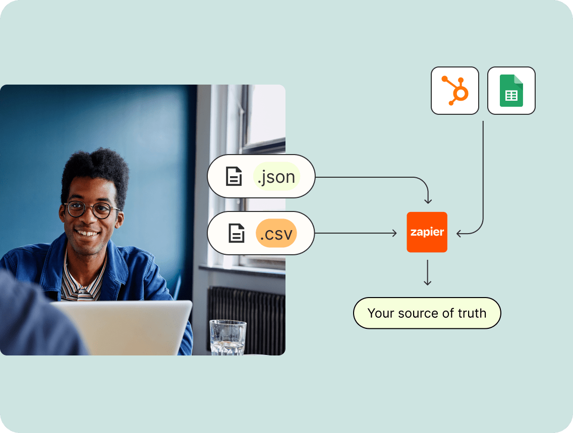 An illustration showing data flowing into Zapier