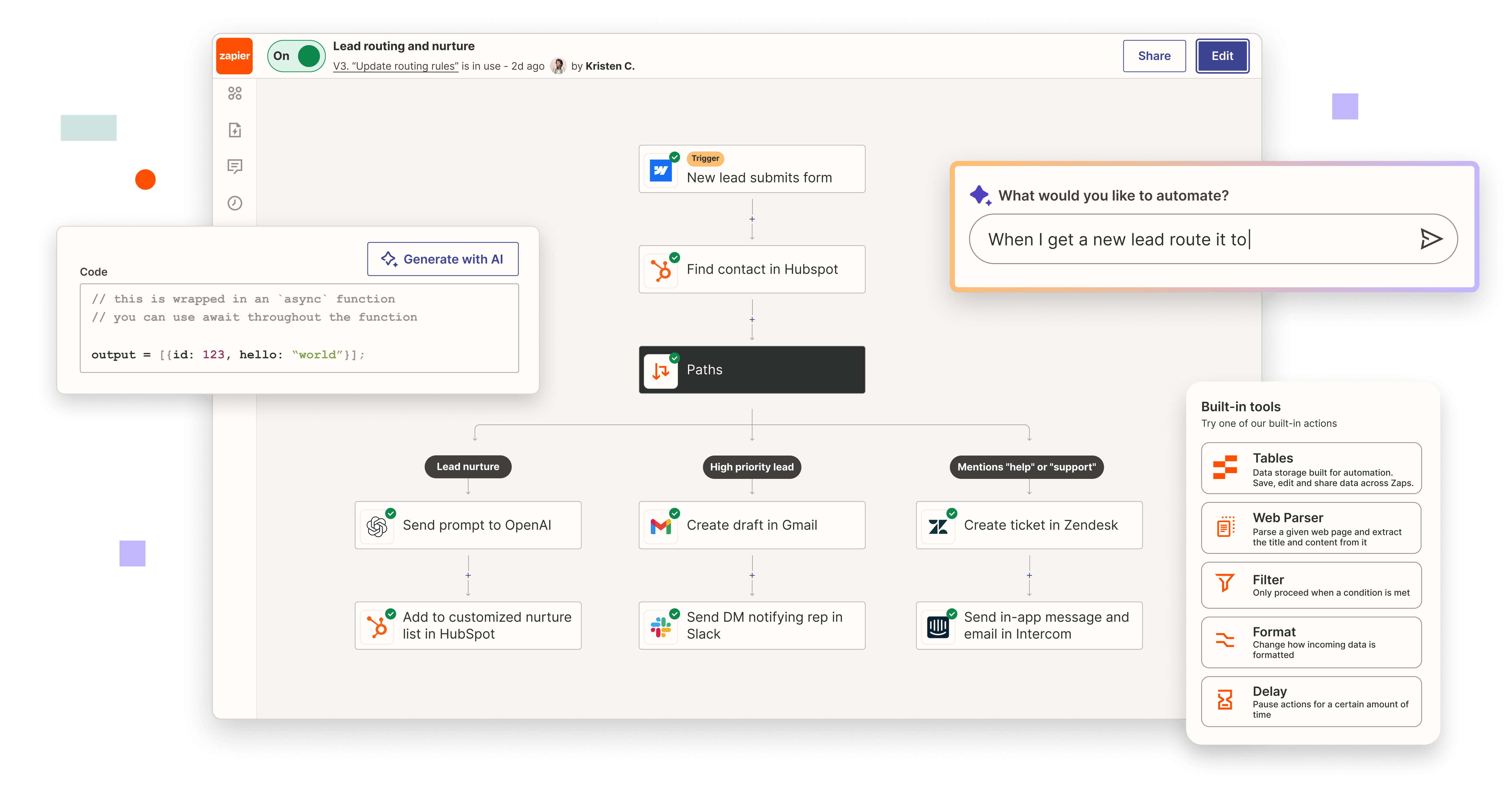 An interface of multi-step path workflow featuring Co-pilot, Built-in tools, and code step.