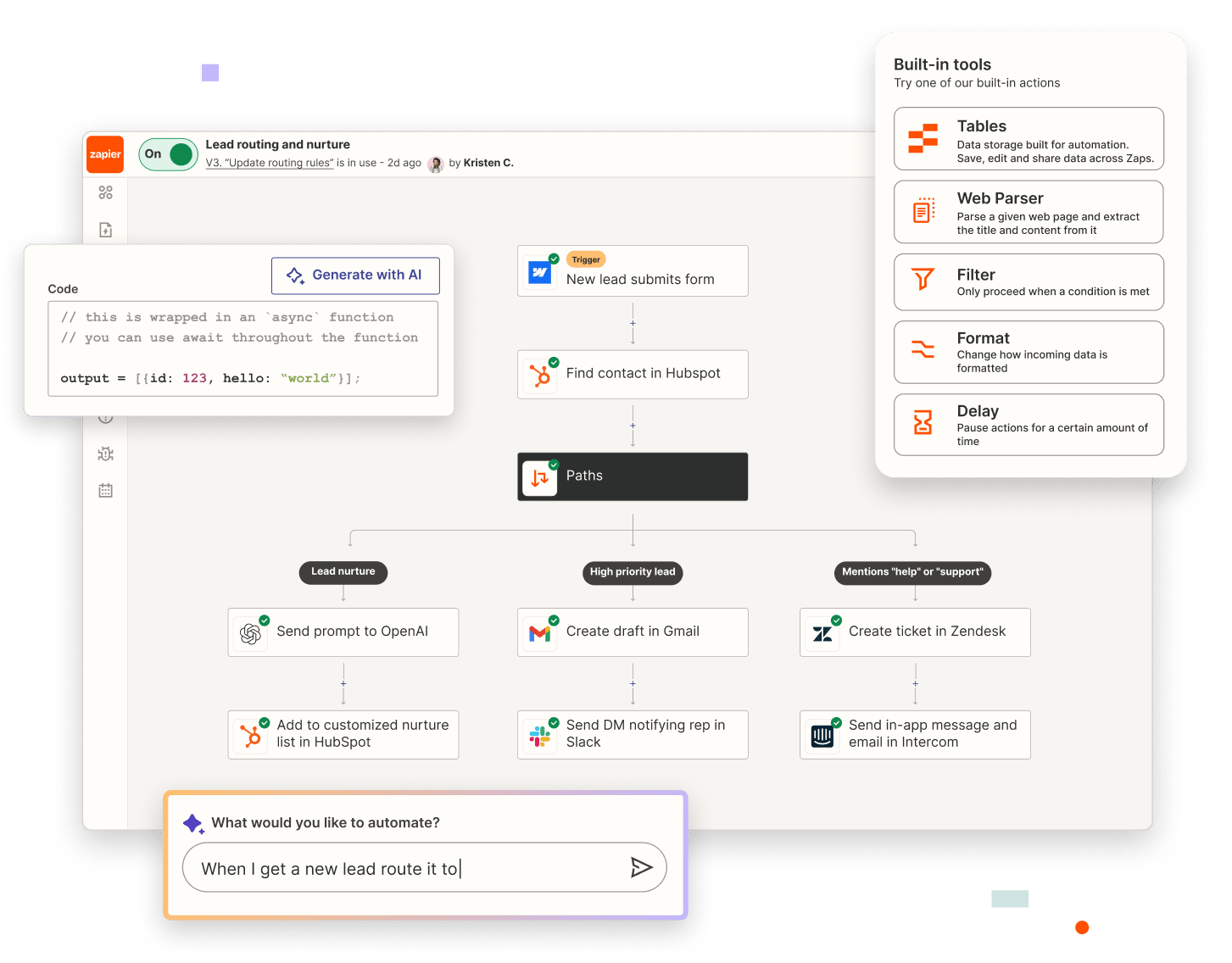  An interface of multi-step path workflow featuring Co-pilot, Built-in tools, and code step.