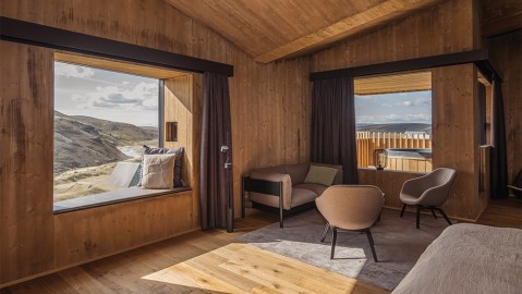 Mountain and glacier views from one of Highland Base’s tranquil suites