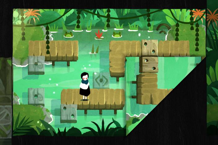 Screenshot of Paper Trail, a puzzle game that requires players to fold over edges of the screen to create new pathways. The image depicts a character walking along wooden paths above a pond. The bottom-right corner is folded inwards to reveal a new path.