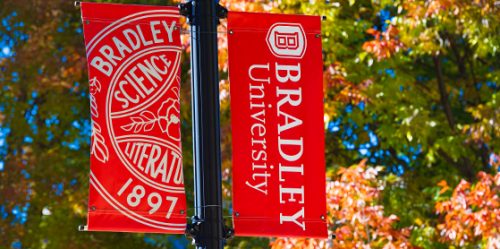 On campus close-up image of Bradley banner
