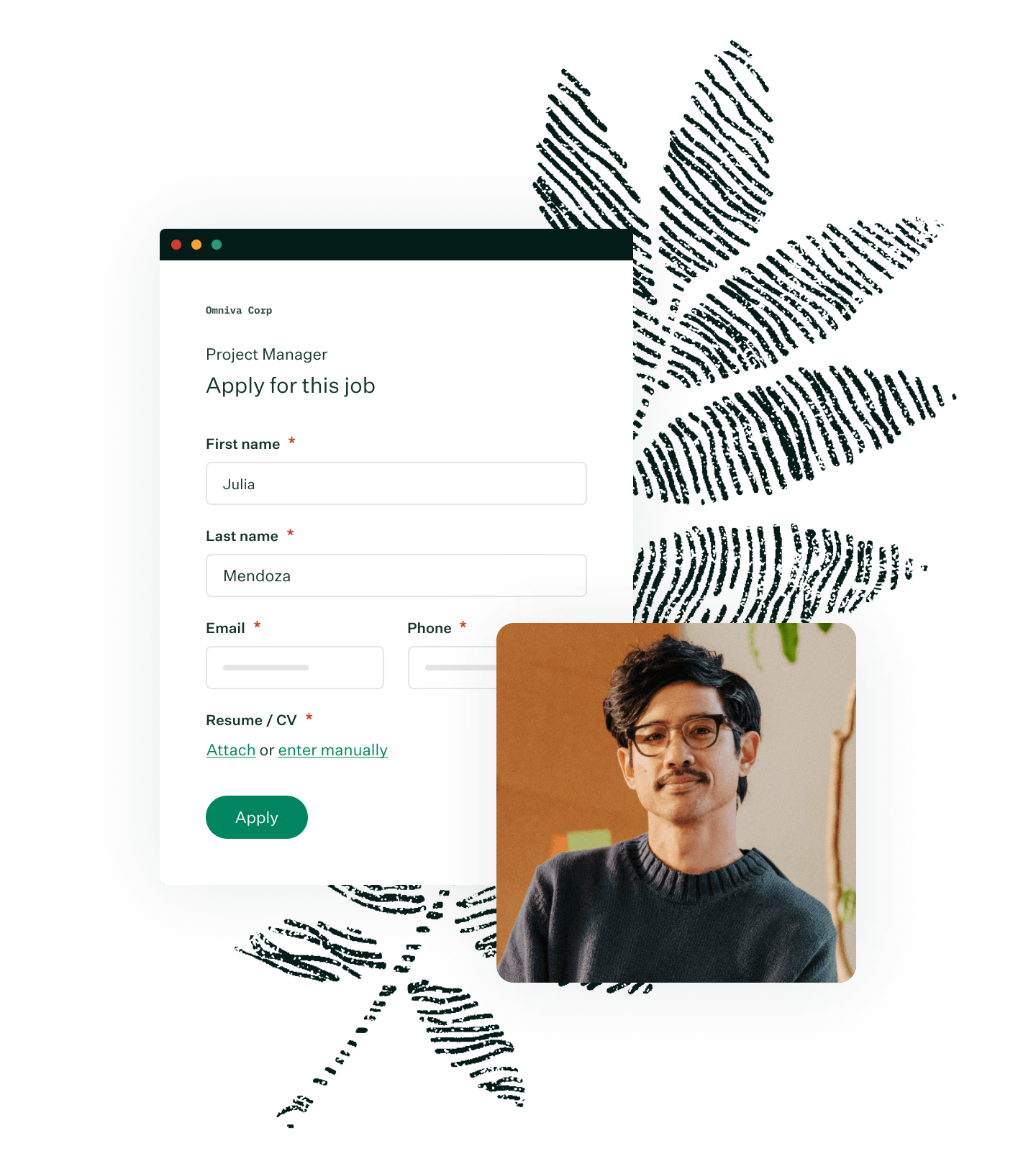 Collage of job application ui man posing in warm toned office with evergreen color fingerprint leaf new