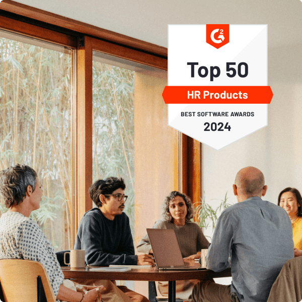 Greenhouse G2 Top 50 HR Products 2024 collage over image of coworkers sititng at table2x