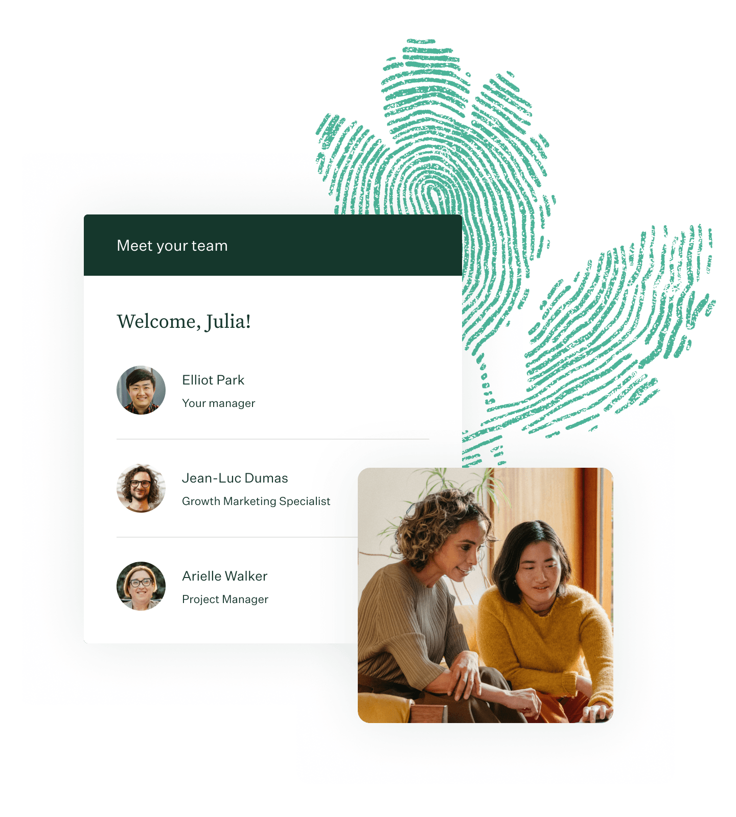 Greenhouse Onboarding new hire welcome UI two woman collaborating in an office and green fingerprint leaf illustration collage new