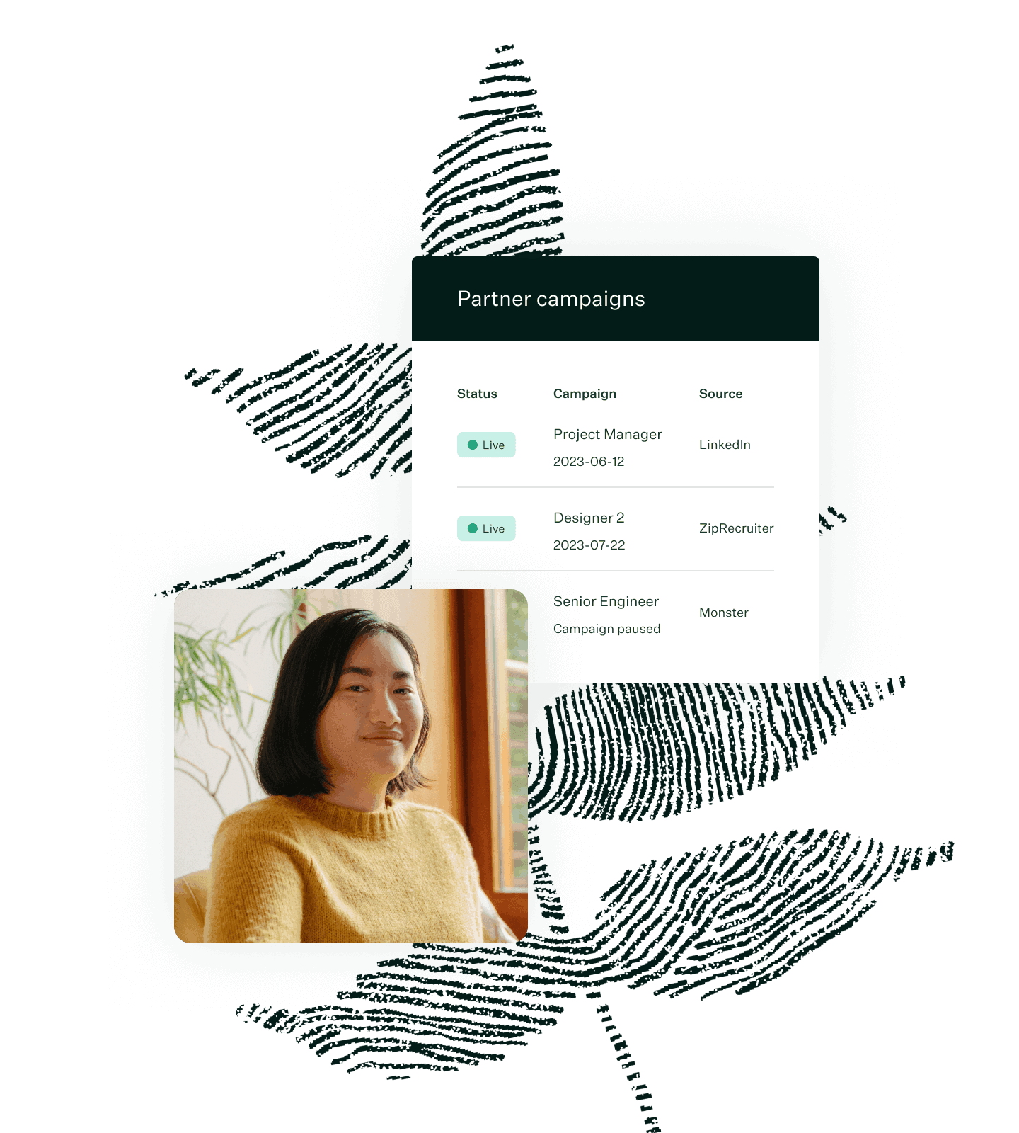 Greenhouse partner campaigns ui woman smiling in office wearing yellow sweater and evergreen fingerprint leaf illustration