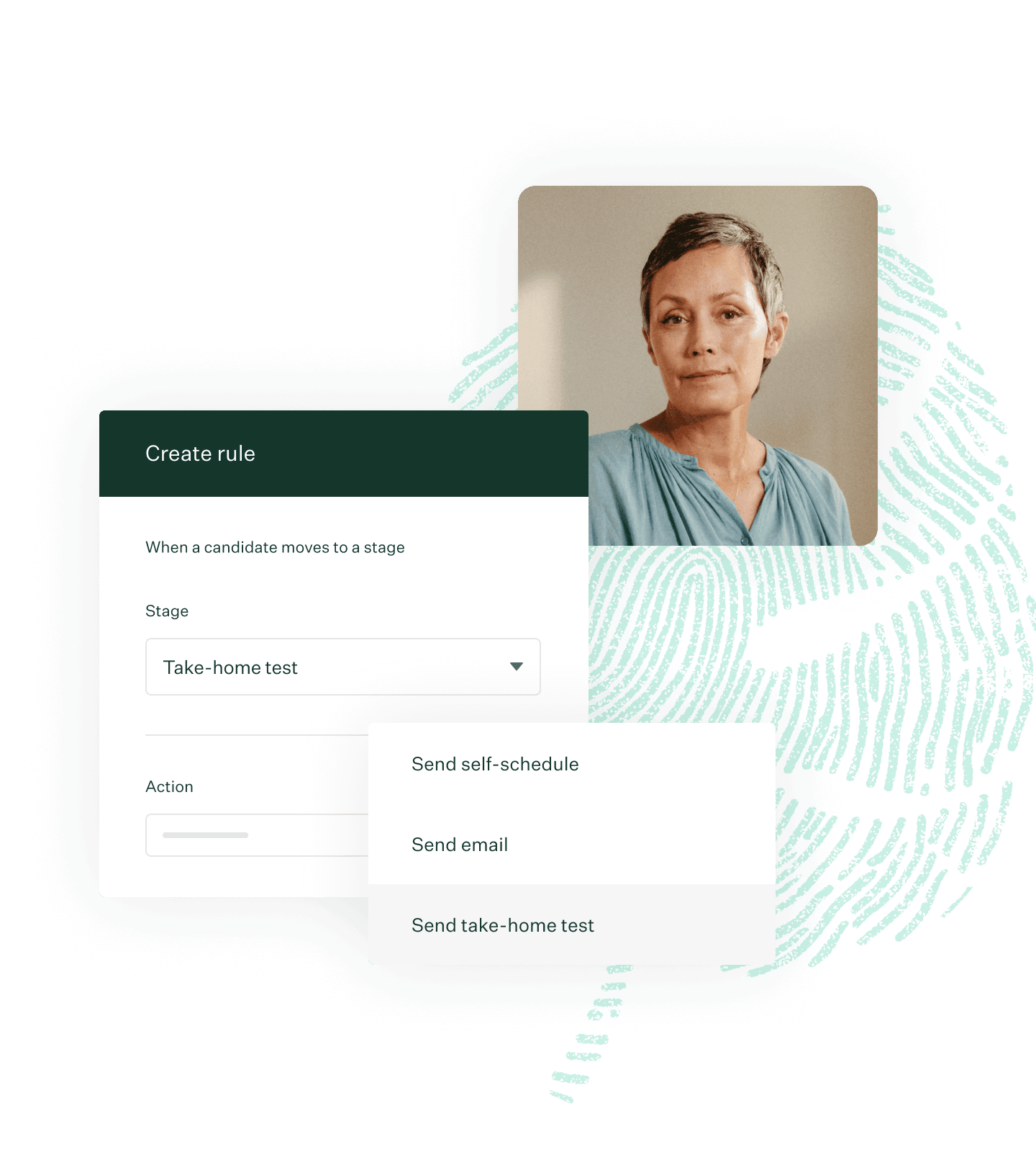 Job approvals ui and woman posing in warm toned office and green fingerprint leaf illustration