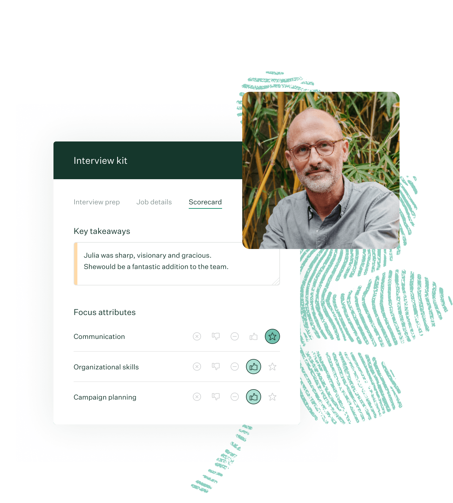 Man posing wearing glasses outside and Greenhouse interview kit UI with green fingerprint leaf illustration new