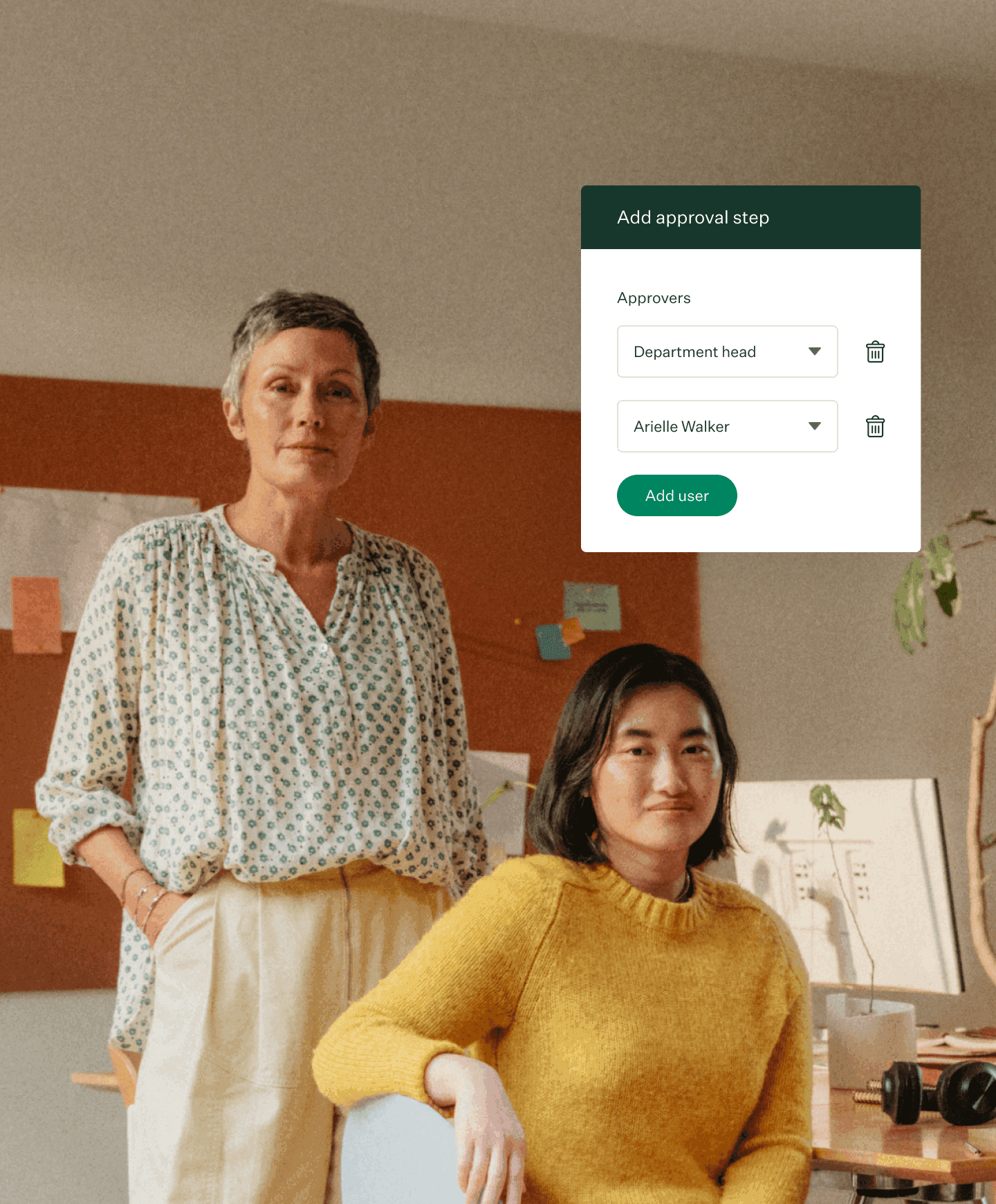 Two women posing in a warm toned office and Greenhouse approval step configuration UI