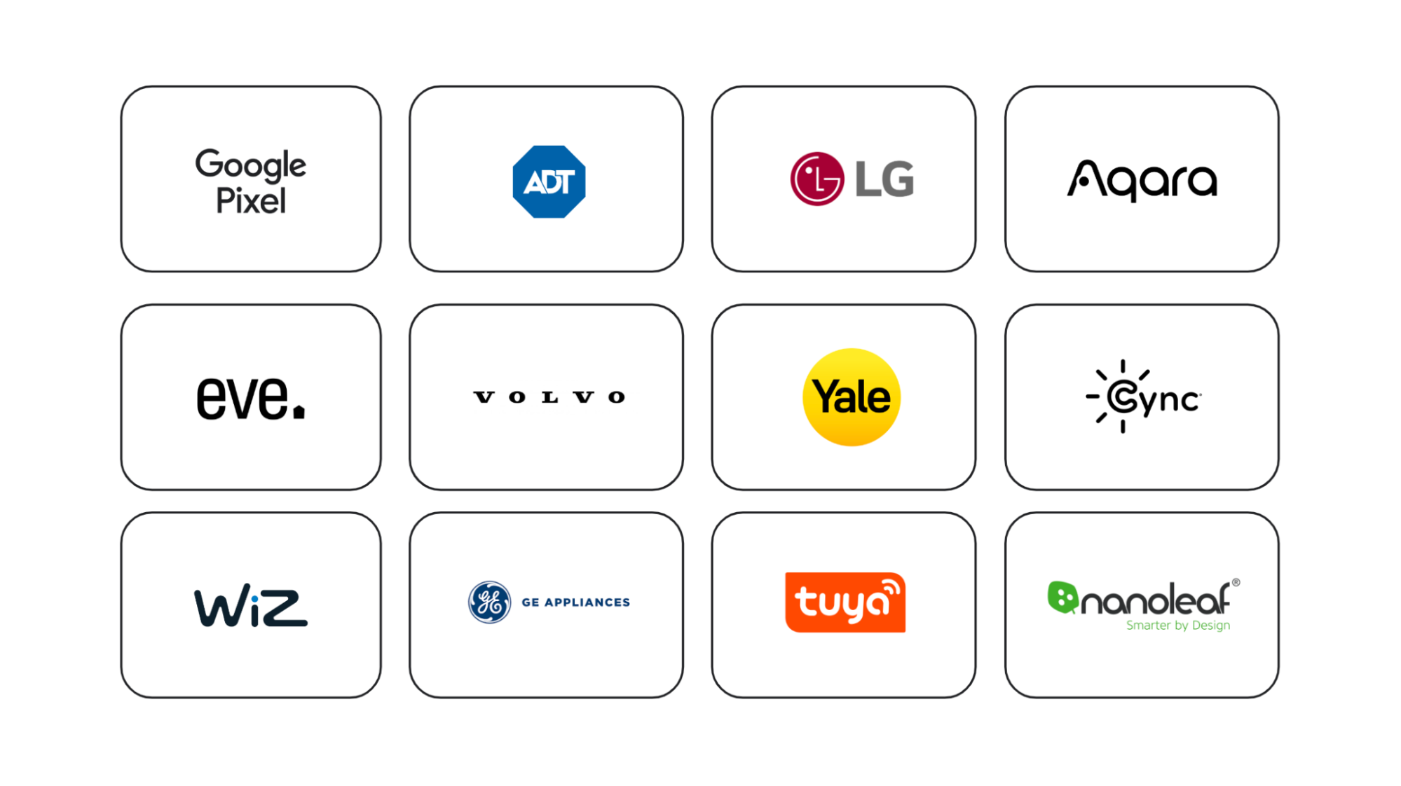 Google Home Partner Logos: Google Pixel, ADT, LG, Aqara, Eve, Volvo, Yale, Cync, Wiz, G.E. Appliances, Tuya, Nanoleaf,