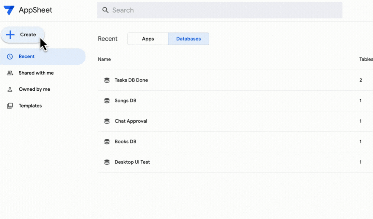 Screen capture of creating a blank database from the My Apps page.