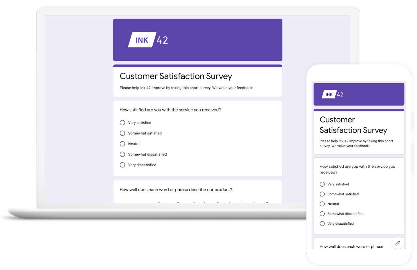 Customer satisfaction Surveys created in Google Forms shown on desktop and mobile