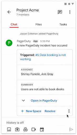 Screen grab of PagerDuty for Google Chat keeping a demo business up to date on
      service-impacting incidents.