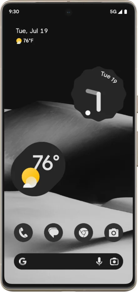 Three phones each showing a different UI screen. Left phone cycling through different stylized clocks, middle phone is showing different shortcut options that can be selected on your home screen, right phone is showing a monochrome gray home screen.