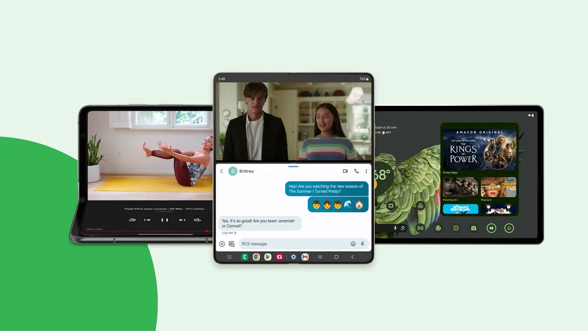 A collage of devices is shown--a foldable phone playing a YouTube video, another foldable phone playing an Amazon Prime Video, and a tablet displaying the Google TV widget.
