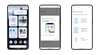 Three screenshots that illustrate the process of creating a custom shortcut and homescreen widget