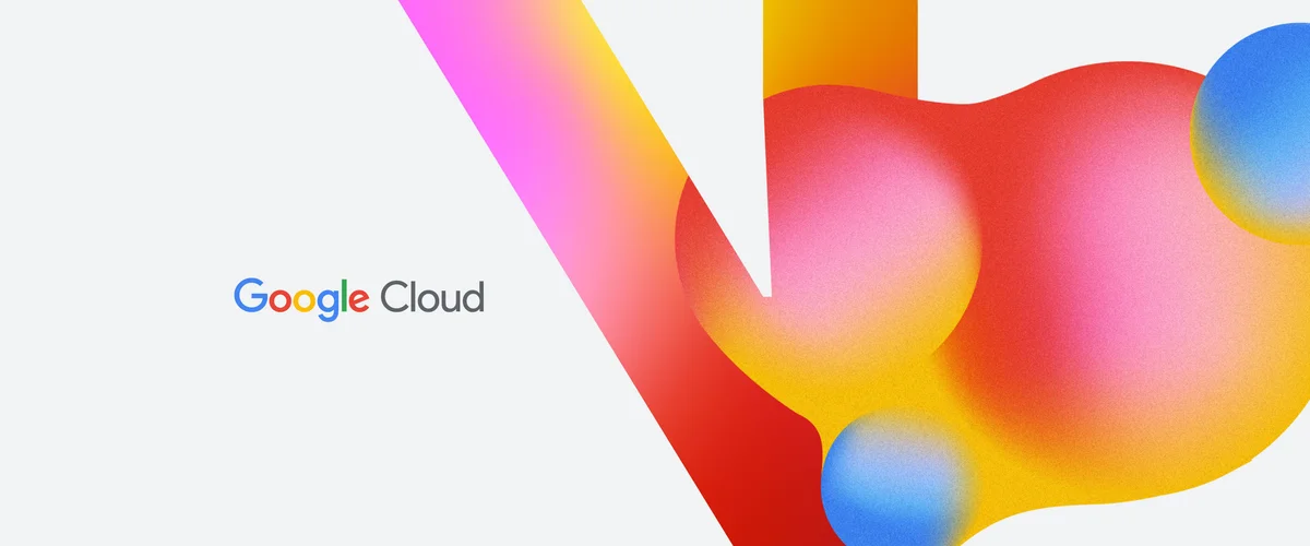 Abstract blue, yellow, pink and blue shapes on a gray background with the words ‘Google Cloud’