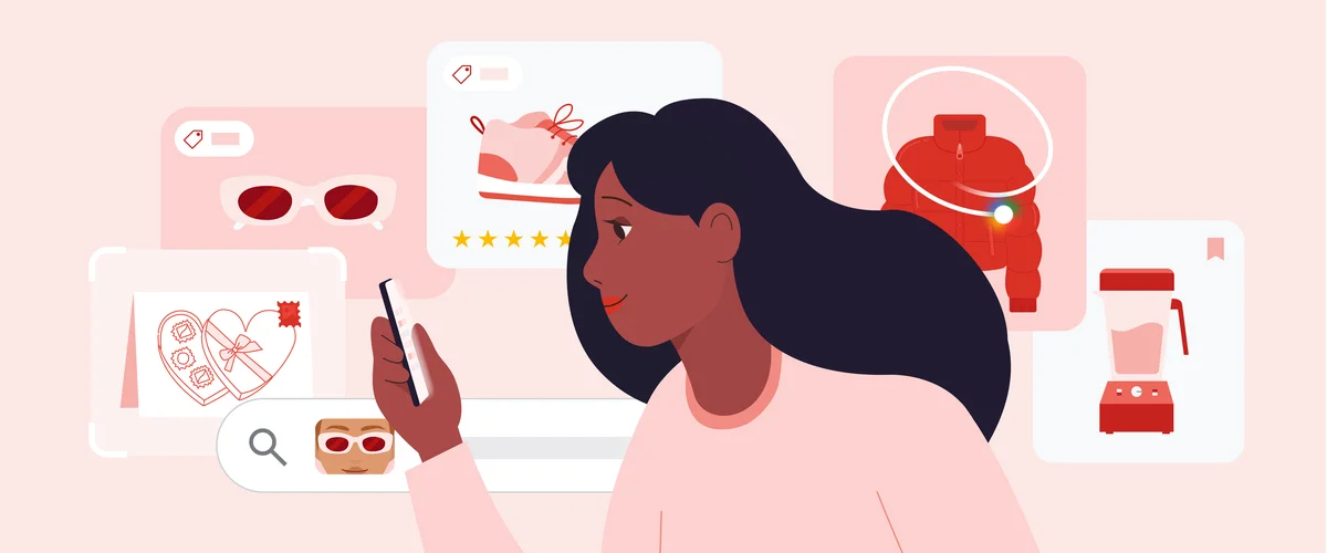Illustration of a woman holding a smartphone. Abstract images of items included sunglasses, a blender and a puffy jacket are behind her. The images are in shades of pink and red.