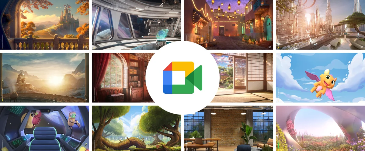 A collage of different Meet backgrounds, including a lantern-filled street, an illustrated sky with clouds and field of flowers with a modern metal structure over it. In the center of the collage is a Google Meet icon.