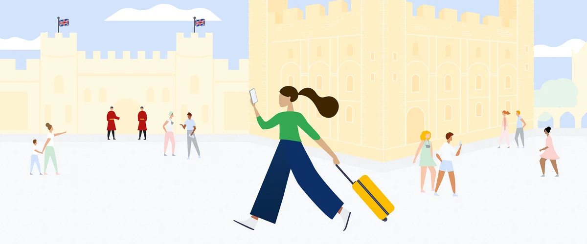 An illustration of someone rolling a suitcase and and looking at their phone while they walk past the Tower of London