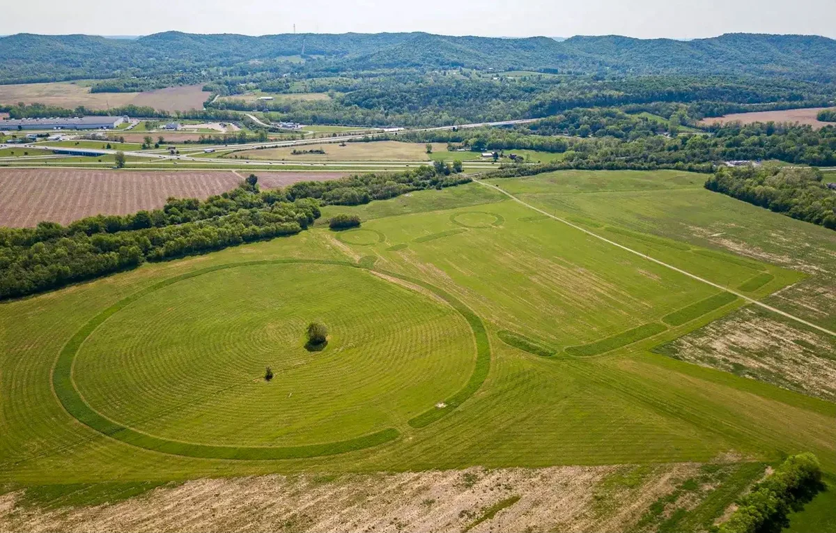 An aerial view of a green field with round markings in the grass