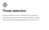 a text card that reads: Threat detection: Gmail uses RETVec, a new multilingual neuro-based text processing model, which improved spam detection rates by nearly 40% and reduced false positives by more than 19%.