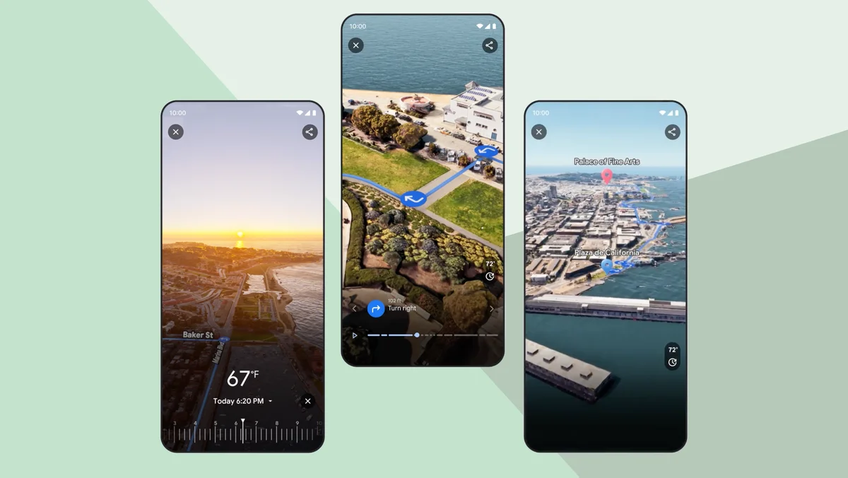 Three phones showing different screens from Immersive View for routes