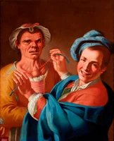 A vibrant 18th-century painting depicting two men: one person grinning broadly while holding a small, beaded, red object, and the other appearing skeptical or disgruntled with a furrowed brow. The grinning man on the right wears a blue robe with a scarlett jacket underneath and a blue head piece. The skeptical man on the left wears a yellow jacket and an white headpiece.