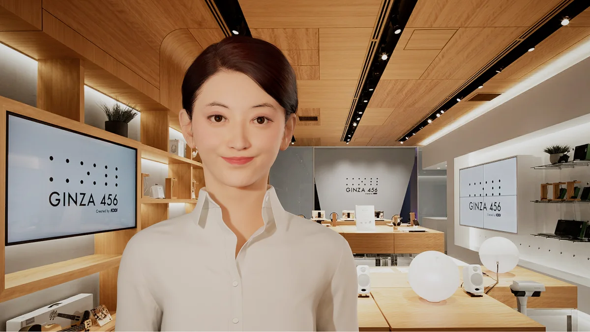 virtual avatar of a woman in a room with desks and a television