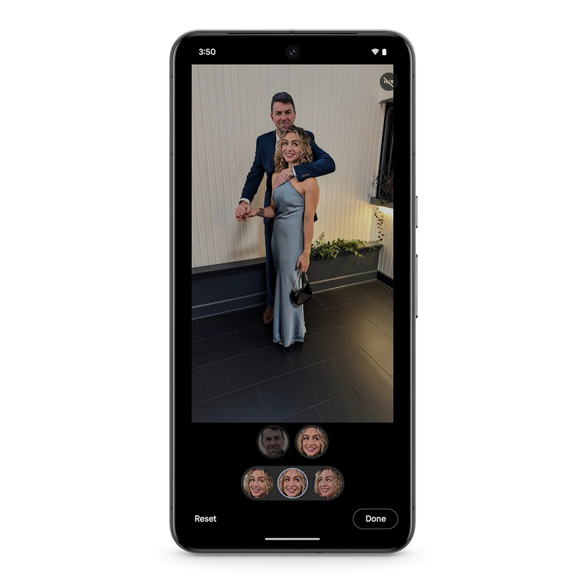 An image showing a Pixel phone with a photo on the screen of two people smiling. Below the photo are various circular icons showing one person's face in slightly sifferent poses.